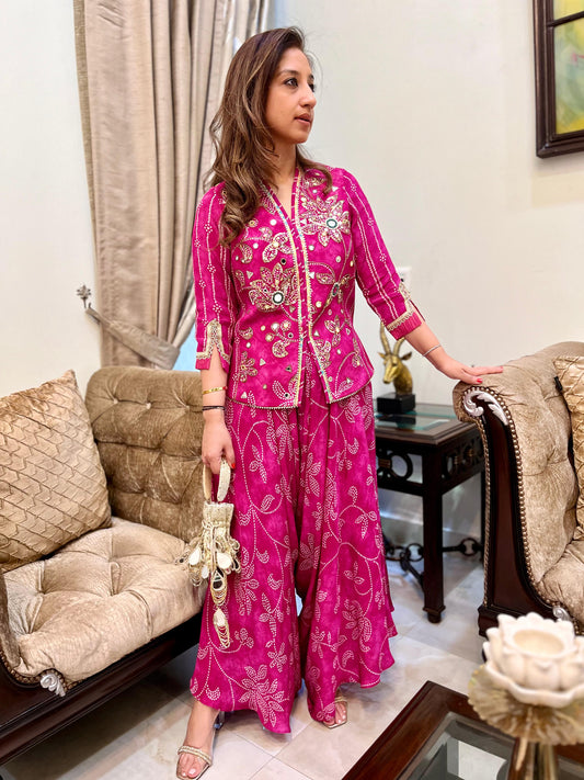 Pink floral bandhini top with stylised drape pants