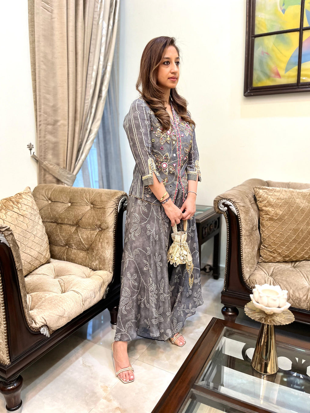 Aarvi Bandhini Draped Co-ord Set in Grey