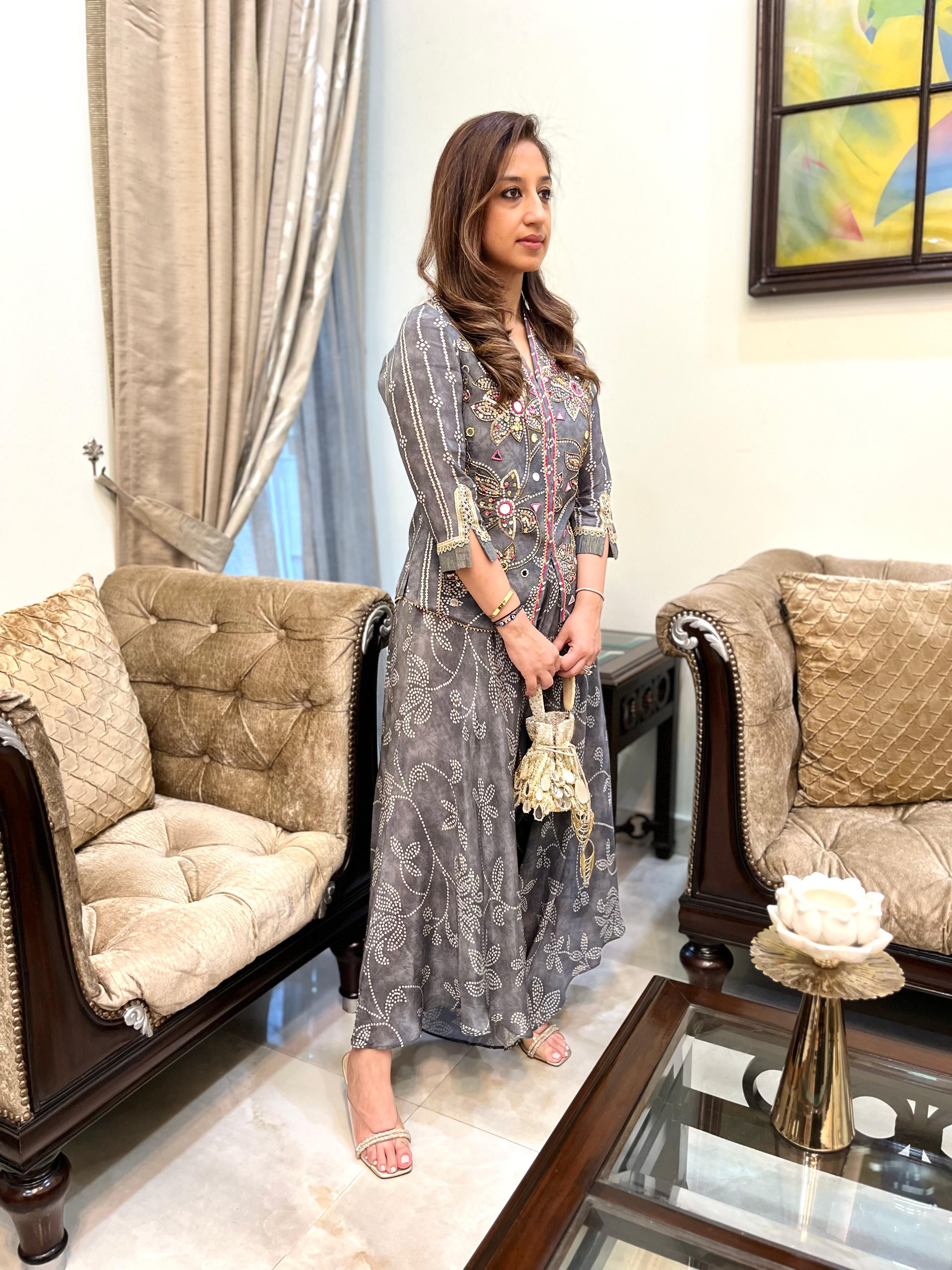 Aarvi Bandhini Draped Co-ord Set in Grey