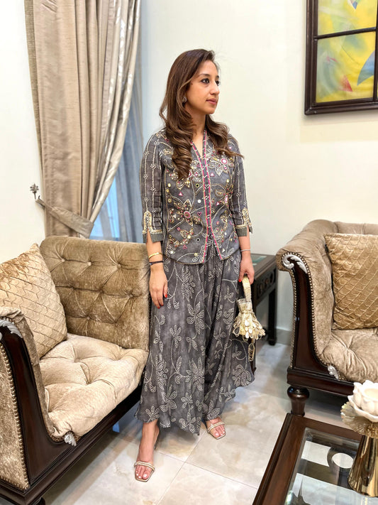 Grey floral bandhini top with stylised drape pants