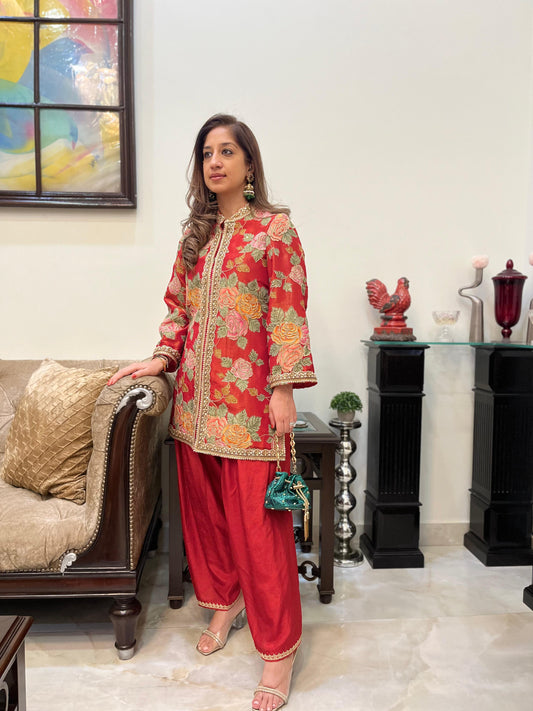 Floral orange tissue jacket style kurta