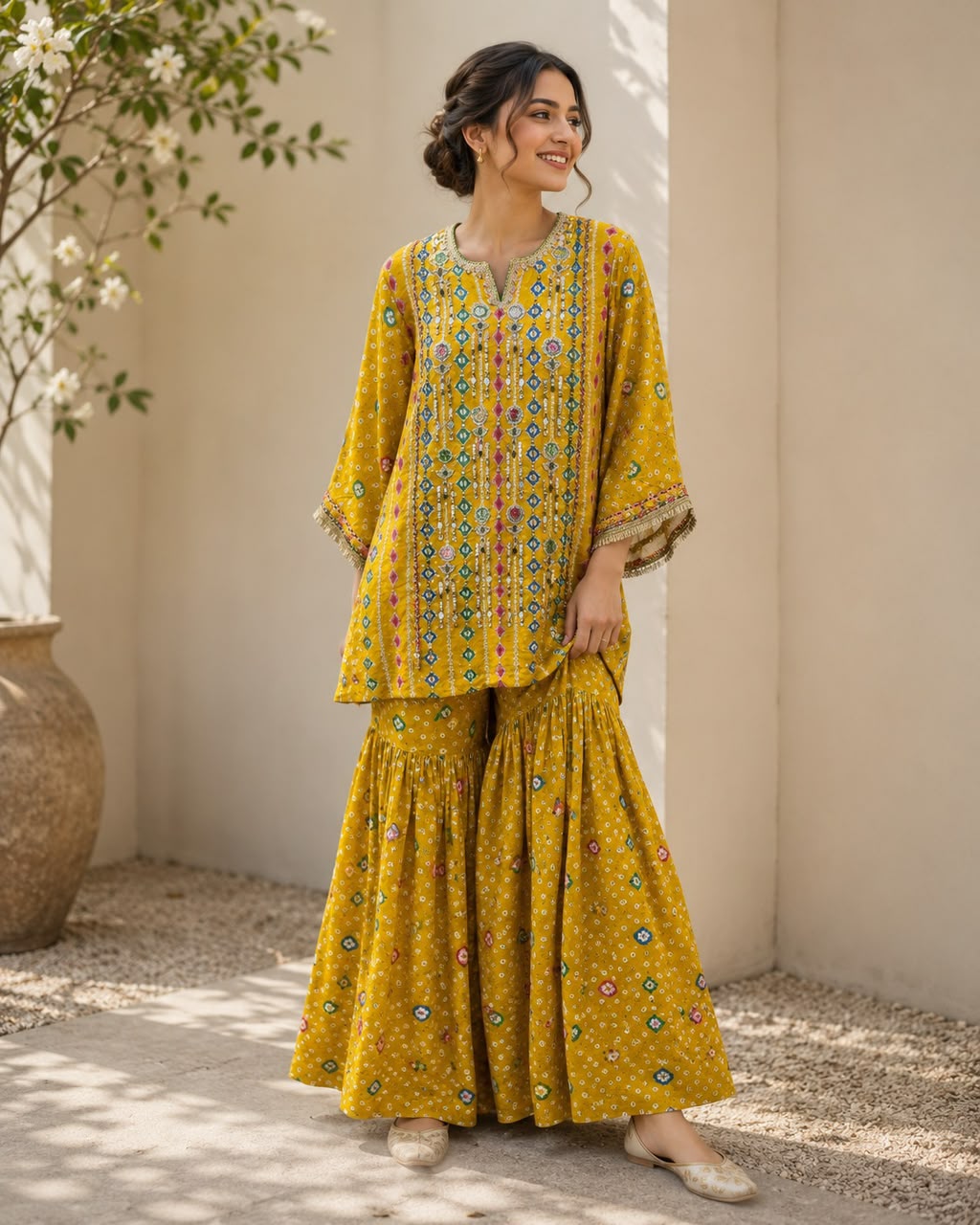 Raiza Ikat Bandhini Peplum Sharara Set