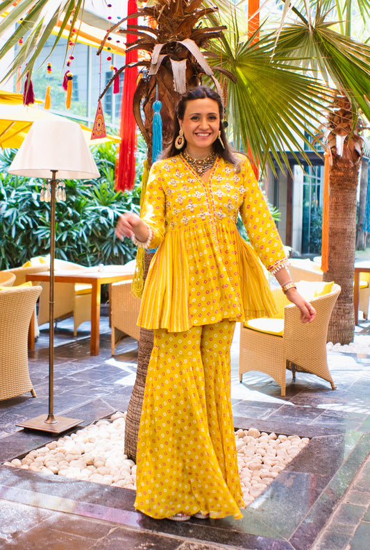 Yellow Sharara Bandhini Print Set - SET OF 2