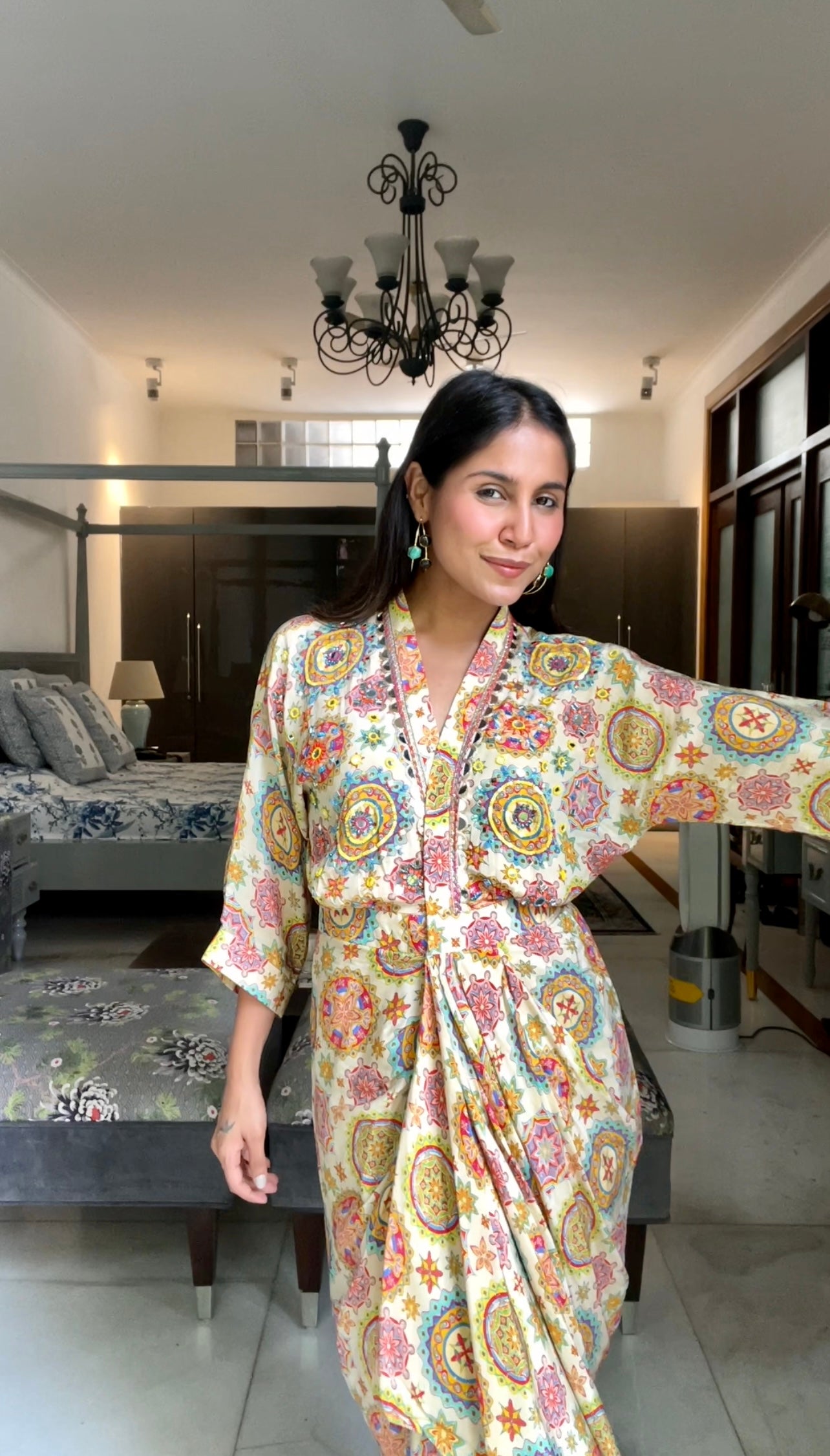 Beige Multi Print Drape Dress
